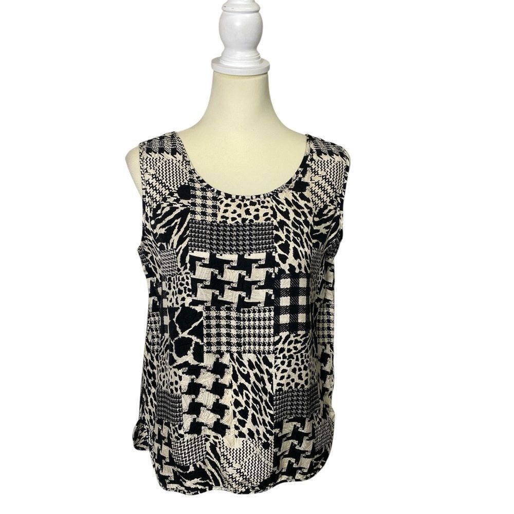 Dorman 100% Silk Geometric Artsy Print Patchwork Sleeveless Top Women's Size M.